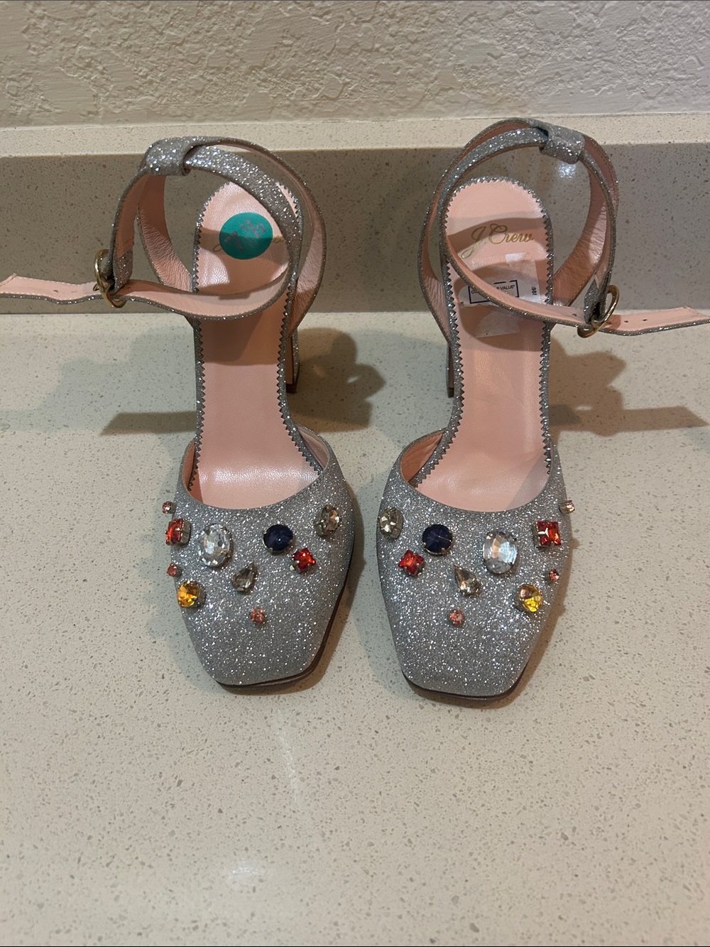 J crew Silver Glitter Jeweled Ankle Strap Heels